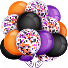 Set Globos Halloween Violeta Naranja Negro Confetti