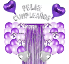 Combo Deco Violeta Globos Feliz Cumpleaños Cortina Corazon