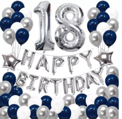 Combo Globos Feliz Cumple Happy Birthday Plata Azul 2