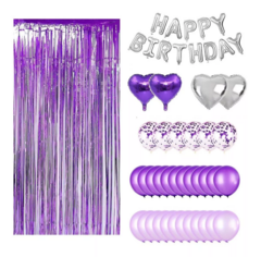 Combo Deco Violeta Lila Globos Feliz Cumple Cortina Corazon - comprar online