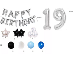 Combo Globos Feliz Cumple Confeti Azul Blanco Negro - comprar online