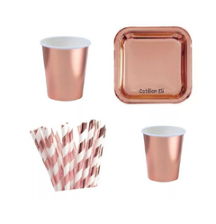 Set Platos Vasos Sorbetes Rosa Gold Descartables Cotillon