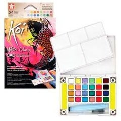 KIT DE ACUARELAS KOI SAKURA EN PASTILLAS 24 COLORES PERLADOS+METÁLICOS+FLÚOR CON PINCEL DE AGUA.