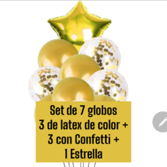 Set de 7 globos Dorados con Estrella Con Confetti Corazon