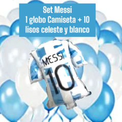 Set Globo Camiseta Messi + 10 globos Celeste y blanco