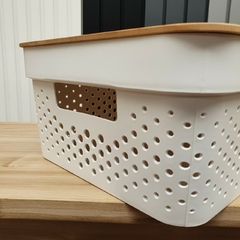 Imagen de Caja Organizadora Plastica Blanca Tapa Bambú Aireada 35cm