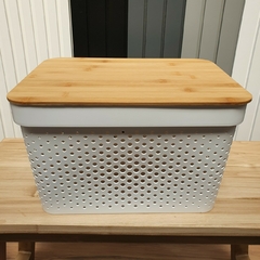 Caja Organizadora Plástica Tapa Madera Bambú Agujeritos Deco - Jaspe Deco