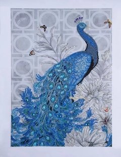 (1686) Pintura com Diamante - Pavão 7 - 35x45 cm - Pedras Especiais