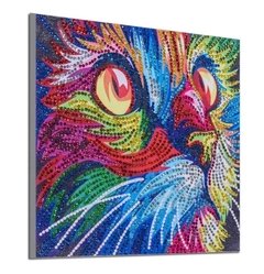 (1687) Pintura com Diamante - Gato Colorido 2 - 25x25 cm - Pedras Especiais