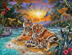 (1252) Pintura com Diamante - Tigers at Sunset - 30x20 cm - Total