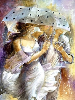 (1143) Pintura com Diamantes - Casal sob guarda-chuva - 25x35 cm