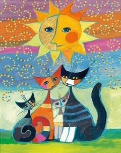 (1385) Pintura com Diamantes - Gatos sob o Sol - 25x35 cm