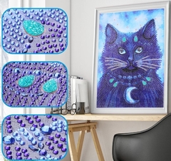 (2219) Pintura com Diamantes - Gato 5 - 30x40 cm - Pedras Especiais