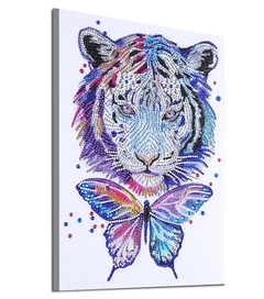 (2272) Pintura com Diamantes - Tigre com Borboleta - 30x40 cm - Pedras Especiais na internet