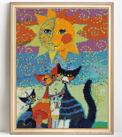 (1385) Pintura com Diamantes - Gatos sob o Sol - 25x35 cm - comprar online