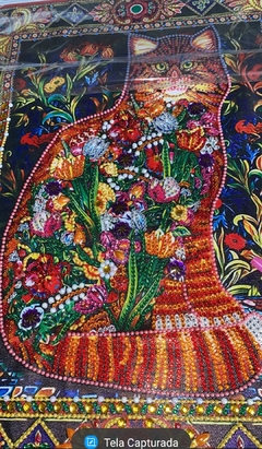 (1961) Pintura com Diamantes - Tapestry Cat - 40x50 cm - Pedras Especiais na internet