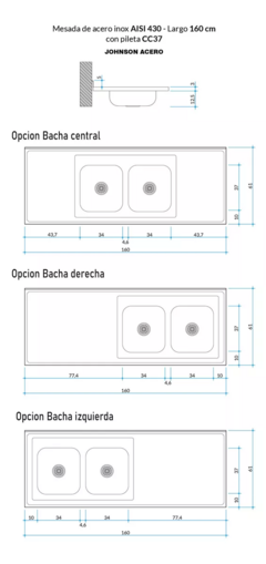 Mesada Johnson Acero Inoxidable 160 X 61cm Bacha Doble - comprar online