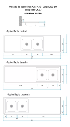 Mesada Johnson Acero Inoxidable 200 X 61cm Bacha Doble - 304 - comprar online