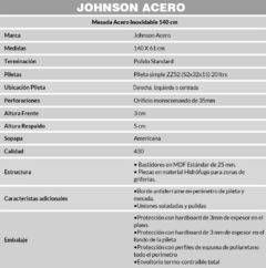 Mesada Johnson Acero 140x61 Bacha Simple + Griferia Peirano Bicomando - tienda online