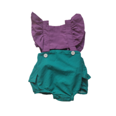 Romper bebê Jardineira sereia roxo e verde - Kimimo Kids