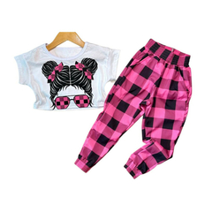 Conjunto mini diva cropeed + calça xadrez rosa - Kimimo Kids