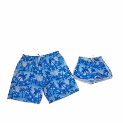 Kit Short Pai e filha (o) estampa folhagem azul