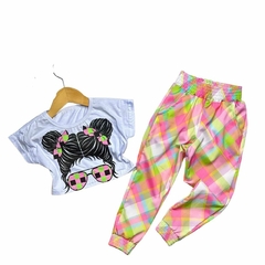 Conjunto cropeed + calça xadrez colorido