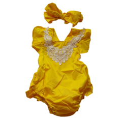 Romper bebê Jardineira amarelo com renda - loja online