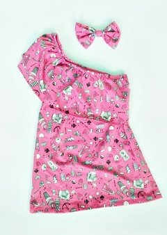 VESTIDO MINI DIVA ESTAMPADO ROSA + LAÇO