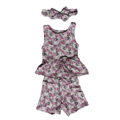 MINI DIVA - CONJUNTO PEPLUM ESTAMPADO CORAÇÃO LOVE + SHORT + TIARA