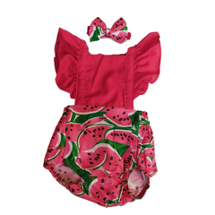 Romper bebê Jardineira melancia vermelho