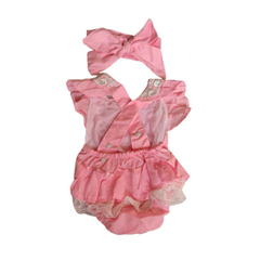 Romper bebê Jardineira rosa com renda - Kimimo Kids