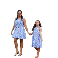 Kit Vestido Mãe e filha tricoline folhas azul