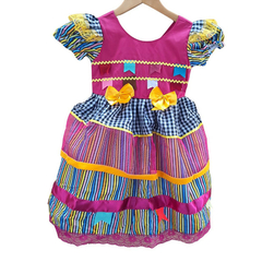 Vestido Festa junina caipira Rosa bandeirinhas listrado - Kimimo Kids