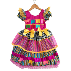 Vestido Festa junina caipira Rosa bandeirinhas listrado - Kimimo Kids