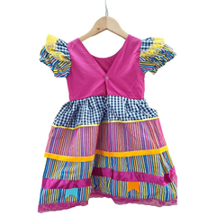 Vestido Festa junina caipira Rosa bandeirinhas listrado - Kimimo Kids