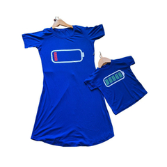 Kit Vestido Mãe e camisa filho bateria descaregada azul - loja online