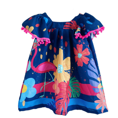 Vestido infantil pom pom azul com rosa flores - Kimimo Kids