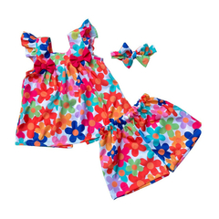 Conjunto Short Peplum Flower Flores colorido