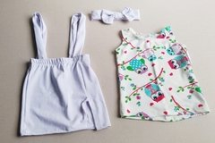 CONJUNTO MINI DIVA - SAIA SUSPENSÓRIO BRANCO + BLUSA ESTAMPA CORUJA + TIARA - comprar online