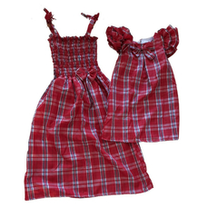 Kit Vestido Mãe e filha pom pom Xadrez Caipira vermelho