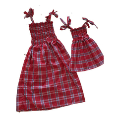 Kit Vestido Mãe e filha pom pom Xadrez Caipira vermelho