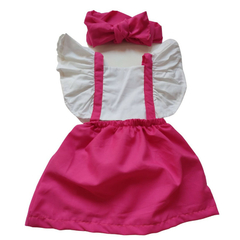 Jardineira romper vestido Menina e urso Rosa e branco