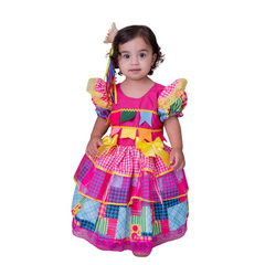 Vestido Festa junina caipira Xadrez rosa e amarelo - Kimimo Kids