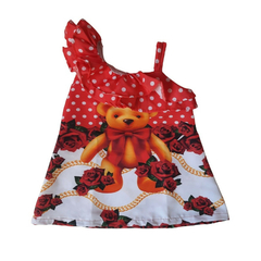 Vestido Trapézio Babado alça vermelho ursinho - Kimimo Kids