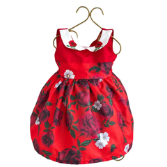 Vestido Natal Flores vermelho Gola