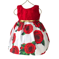 Vestido Natal Vermelho e Branco flores cinto