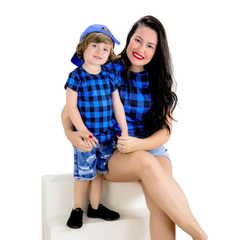 Kit blusas mae e filho xadrez azul - Kimimo Kids