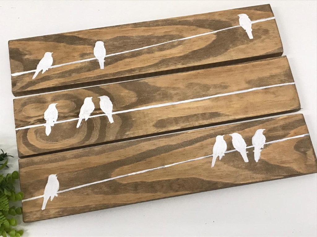 Trio de Placas Decorativas Pássaros Rústico Madeira