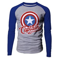 Camiseta masculina Manga Longa Capitão América Escudo Raglan